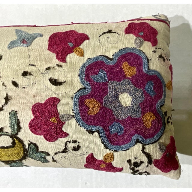 1910s Single Long Antique Silk Embroidery Suzani Pillow For Sale - Image 5 of 12