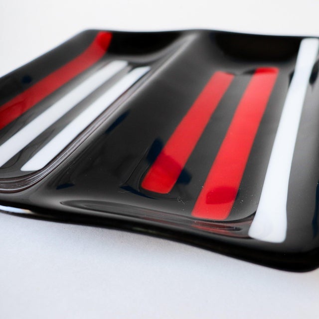 Mid Century Modern Fused Glass Art Tray in Red and Black | Chairish