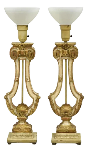 Italian Neoclassical Cream & Gold Gilt Carved Wood Harp Column Table Lamp - Pair