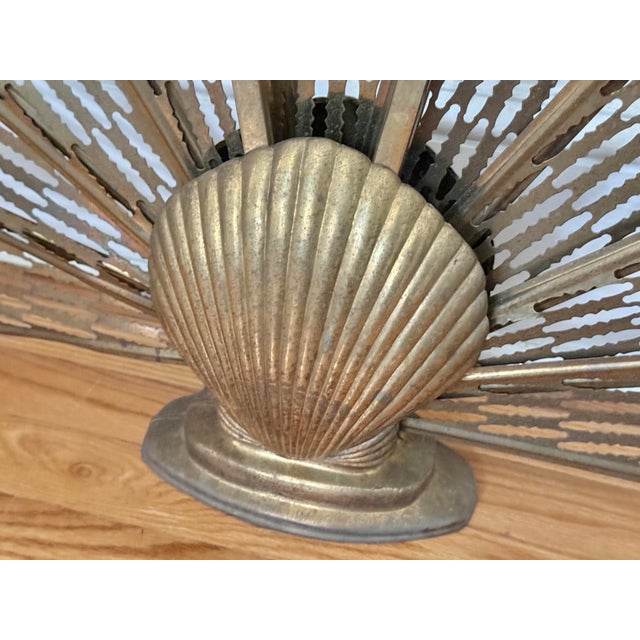 1970s Vintage Brass Peacock Folding Fireplace Screen With Shell Motif For Sale - Image 5 of 12