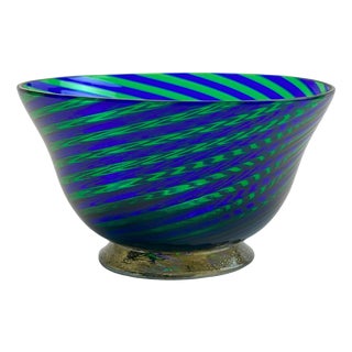 Filigrana Murano Glass Bowl with Green and Blue Stripes, Italy, 1970s For Sale