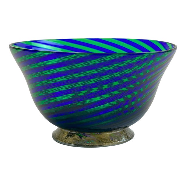 Filigrana Murano Glass Bowl with Green and Blue Stripes, Italy, 1970s For Sale