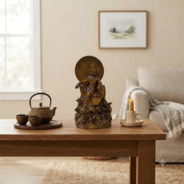 Burnt Umber 7" Bodhisattva Statue W Calligraphy Halo & Lotus Base Wood Statue For Sale - Image 8 of 10
