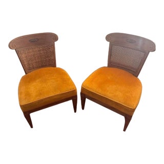 Set of Wide Seat Vintage Mid Century Modern Cane Back Chairs With Mustard Velvet Upholstery, Hollywood Regency Style For Sale