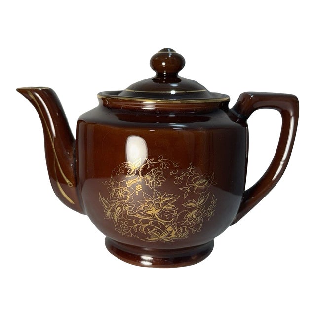 Vintage 1960s Brown Ceramic Teapot Gold Floral Design Lidded Mid Century Tea Pot For Sale