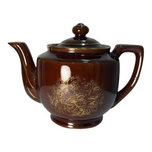 Vintage 1960s Brown Ceramic Teapot Gold Floral Design Lidded Mid Century Tea Pot