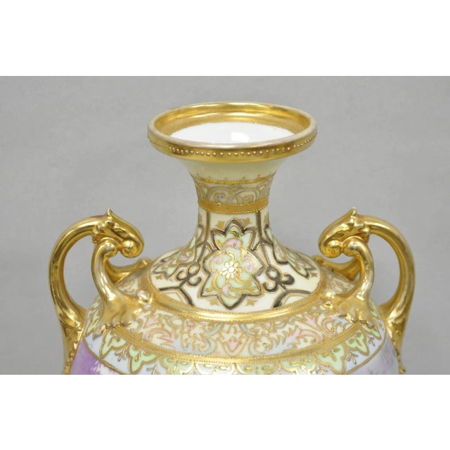 Art Nouveau Antique Nippon Hand Painted Cottage Lake Porcelain Twin Handle Bolted Urn Vase For Sale - Image 3 of 17