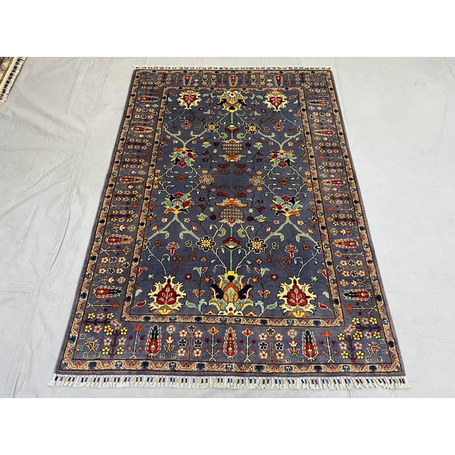 Art Deco Blue Floral Sultani Wool Area Rug With Natural Dyes, 4'9" X 6'10" For Sale - Image 3 of 13