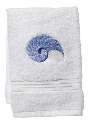 Blue Striped Nautilus Guest Towel White Terry, Embroidered
