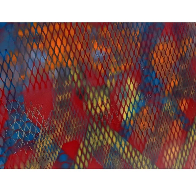 Mid-Century Modern Jack Beckemeyer 1976 Large Red Blue Orange and Yellow Printed Acetate Painting For Sale - Image 3 of 9