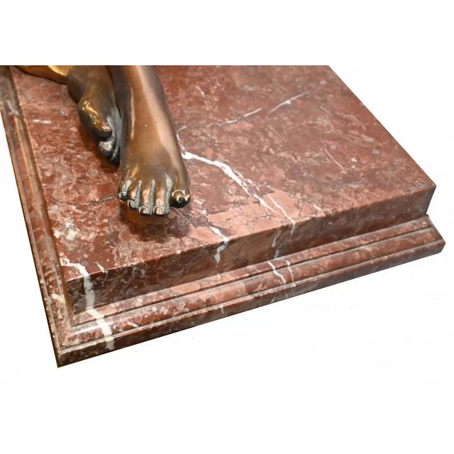 Gorgeous art deco style nude female figurine statue Good size at almost four feet wide Stands on the red marble base...