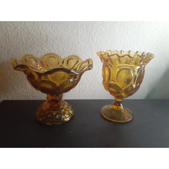 1950s Le Smith Amber Moon & Star Ruffled Edge Pedestal Compotes- Set of 2 For Sale In Dallas - Image 6 of 6