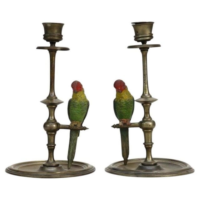 Pair Antique Brass Candlesticks & Cold Painted Bergman Bronze Parrots C1920 For Sale - Image 4 of 11