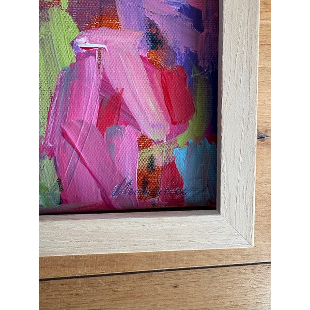 Cheerful and charming acrylic abstract on stretched canvas over wood in a natural wood compo frame. Signed on recto and en...