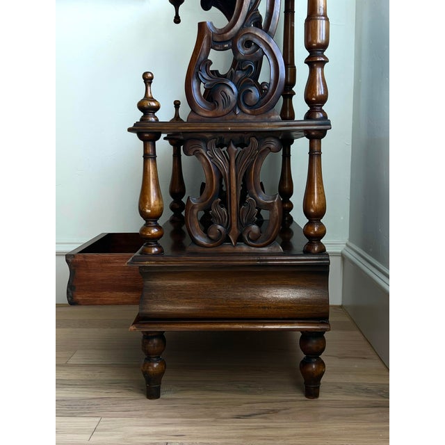 Wood Exquisite Antique Victorian Carved Walnut Étagère Display Stand With Ornate Gallery & Lower Drawer For Sale - Image 7 of 12