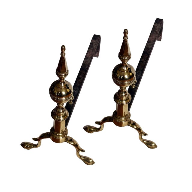 Antique Brass Steeple Top Andirons - A Pair For Sale - Image 4 of 8
