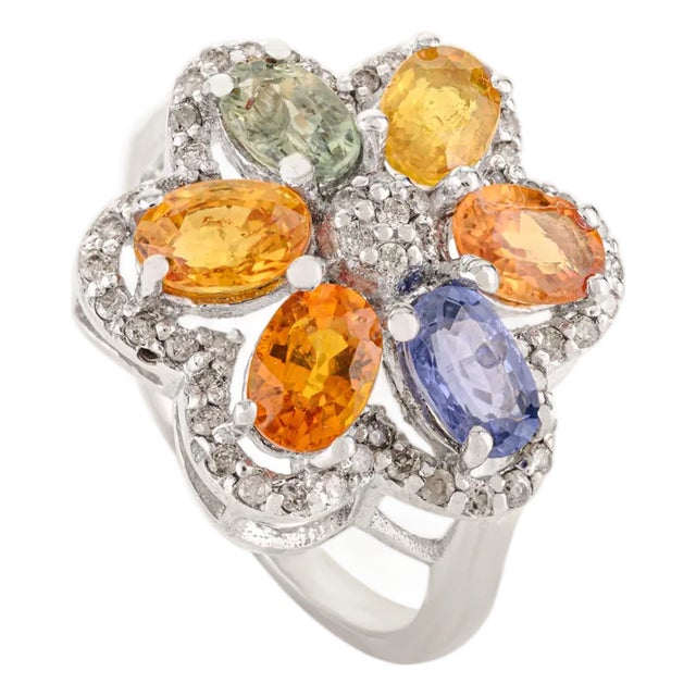 Bochic Solid Silver Oval Multi Sapphire & Diamond Cluster Cocktail Ring - Size 8 For Sale