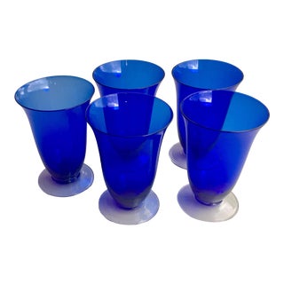 1930s Cobalt Blue Hand Blown Parfait/Water Glasses - Set of 5 For Sale