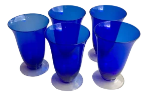 1930s Cobalt Blue Hand Blown Parfait/Water Glasses - Set of 5
