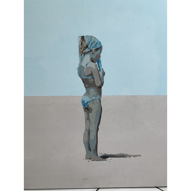 This artwork presents a solitary figure standing in serene isolation against a vast, minimalist backdrop. The figure,...