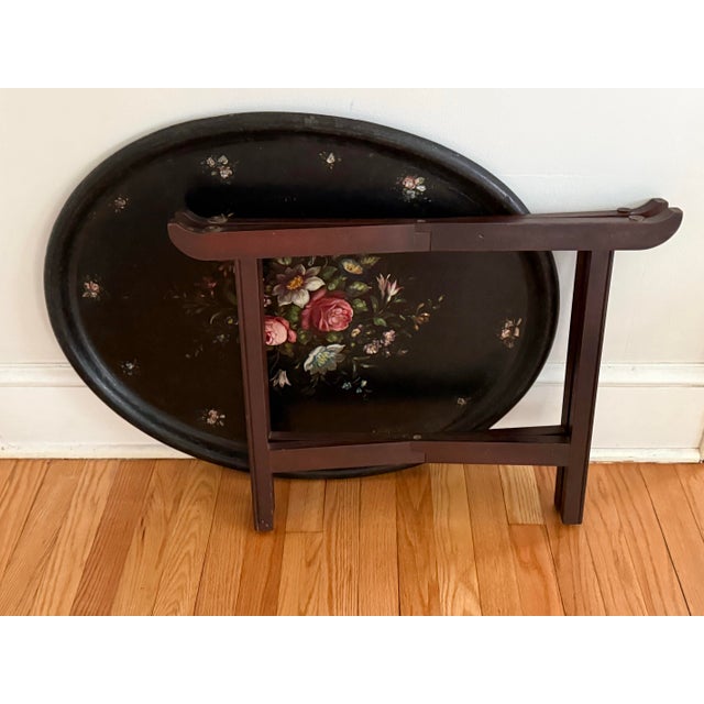 Victorian Papier Mâché Black & Gold Tea Tray on Stand For Sale - Image 4 of 9