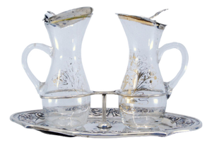 Glass Water and Wine Altar Cruets with Gilt Flowers and Silver Lids, Set of 3