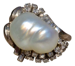 The Paisley: Antique Filigree Pearl and Diamond Ring in Palladium and 14 Karat