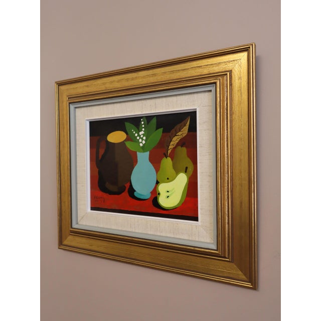 Mid-Century Modern 1977 'Blue Vase & Pears' Vintage Original Still Life Tempera Painting by Swedish Artist Eric Cederberg (1897-1984), Framed For Sale - Image 3 of 11