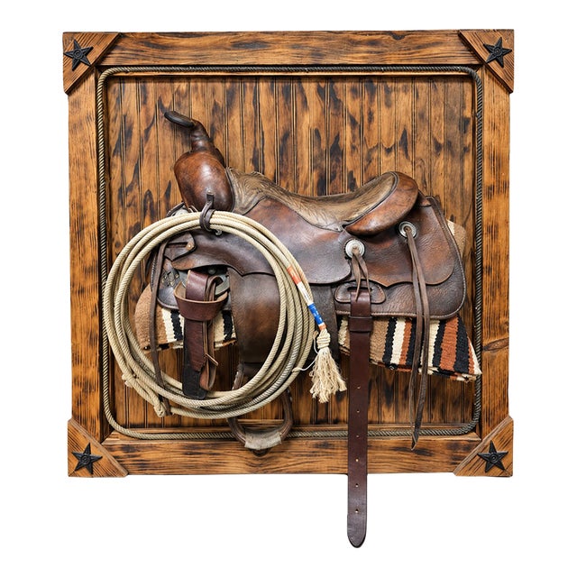 Vintage Western Saddle Framed Wall Art With Lasso & Saddle Blanket For Sale