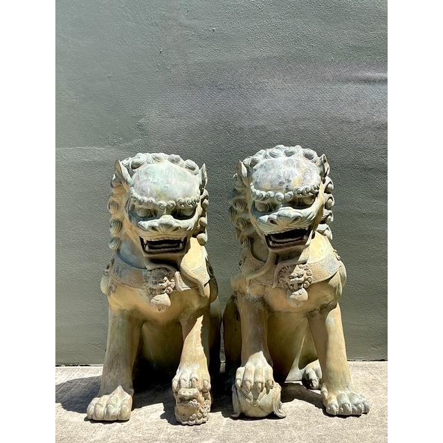 Vintage Monumental Bronze Foo Lions - A Pair For Sale - Image 4 of 12