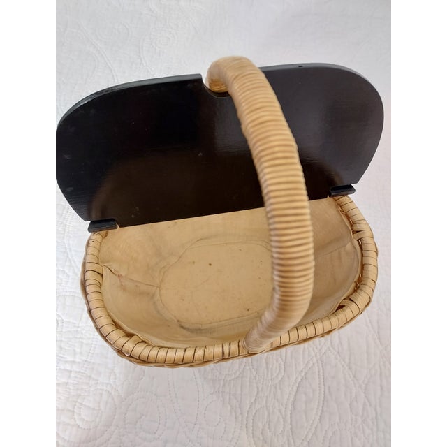 Decoupage Wicker and Wood Handbag 1973 for Purse, Sewing Basket 11" Wide For Sale - Image 11 of 11