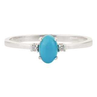 Oval Cut Turquoise & Diamond Solitaire Three Stone Ring in 14k Gold Size 8 For Sale