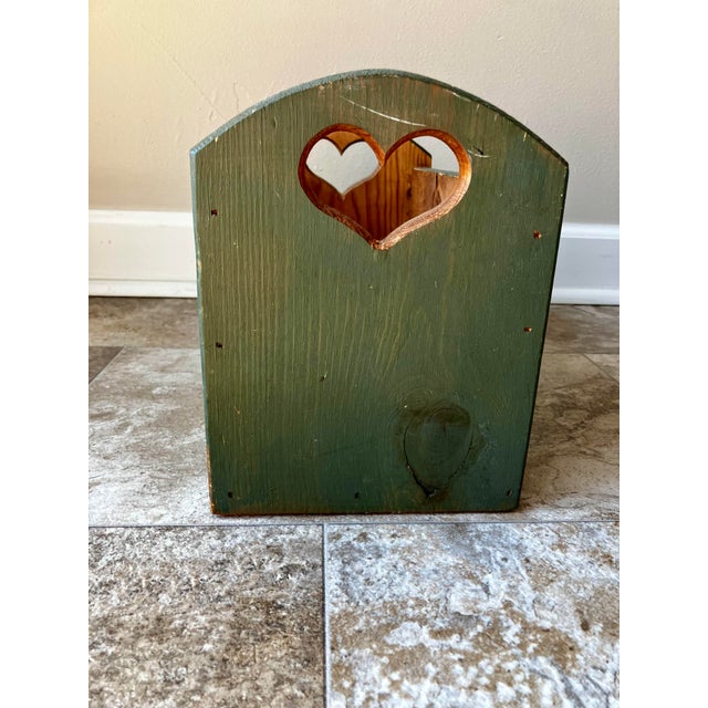 Wood Vintage Country Rustic Sage Green Pine Magazine Crate With Heart Cutouts For Sale - Image 7 of 12