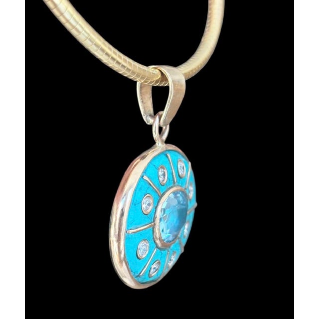 Sol Pendant, Turquoise With Blue Topaz, Diamonds & 14k Gold For Sale - Image 12 of 12