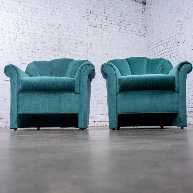 1980’s Art Deco Revival Hollywood Regency Channeled Fan Back Club Chairs W/Teal Chenille Fabric by Perfection Furniture, a Pair For Sale - Image 11 of 18