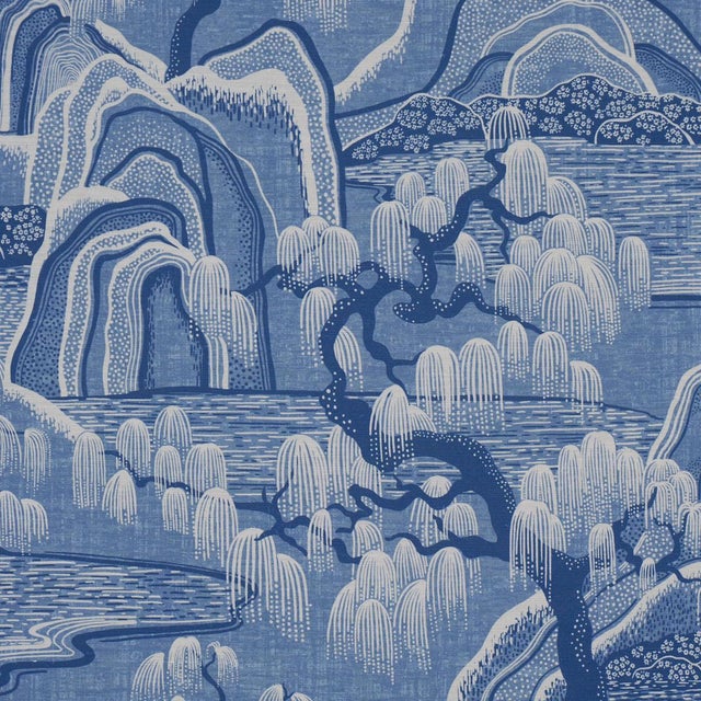 English Boråstapeter Indigo Garden Fabric In Blue And White For Sale - Image 3 of 5