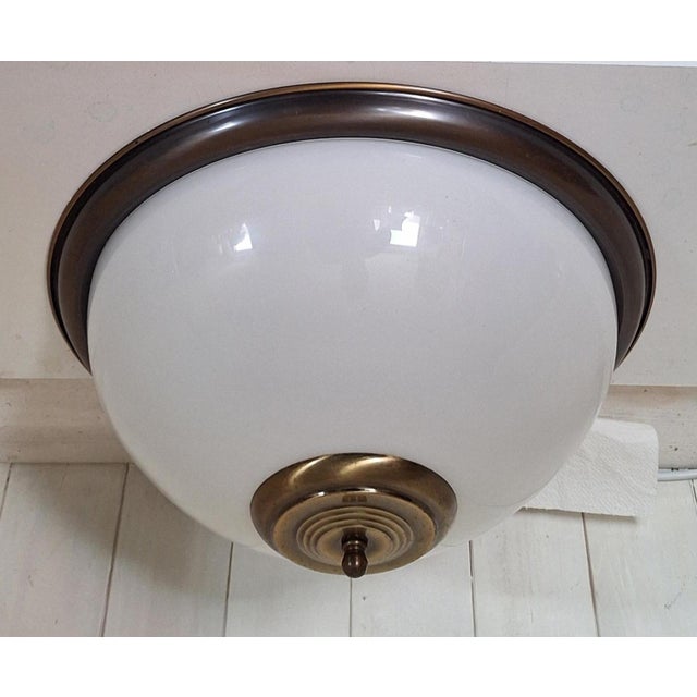 Vintage Ceiling Lamp with a Patinated Brass Frame and Opaque White Glass Shade by Honsel, 1990s For Sale - Image 4 of 9