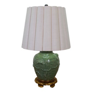 Vintage Marbro Celadon Green Porcelain Lotus Flower Ginger Jar Lamp 30" For Sale