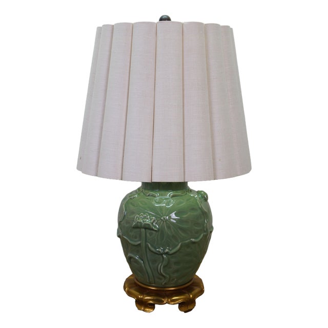 Vintage Marbro Celadon Green Porcelain Lotus Flower Ginger Jar Lamp 30" For Sale
