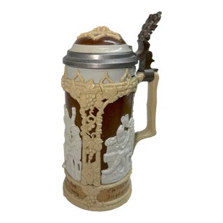 Antique 1800's German Mettlach Villeroy Boch Pottery Pewter Lidded Beer Stein For Sale