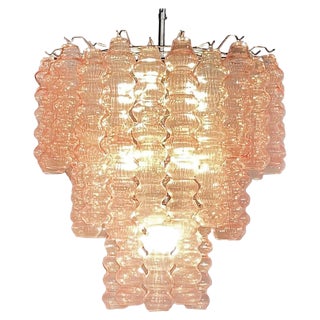 Three-Tier Murano Glass Tube Chandelier with 48 Pink Glasses, 1989 For Sale