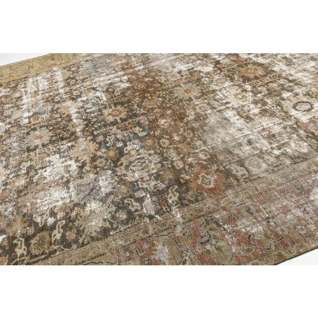 Distressed Antique Mahal Wool Area Rug in Taupe, Warm Brown, and Muted Sage For Sale In New York - Image 6 of 11