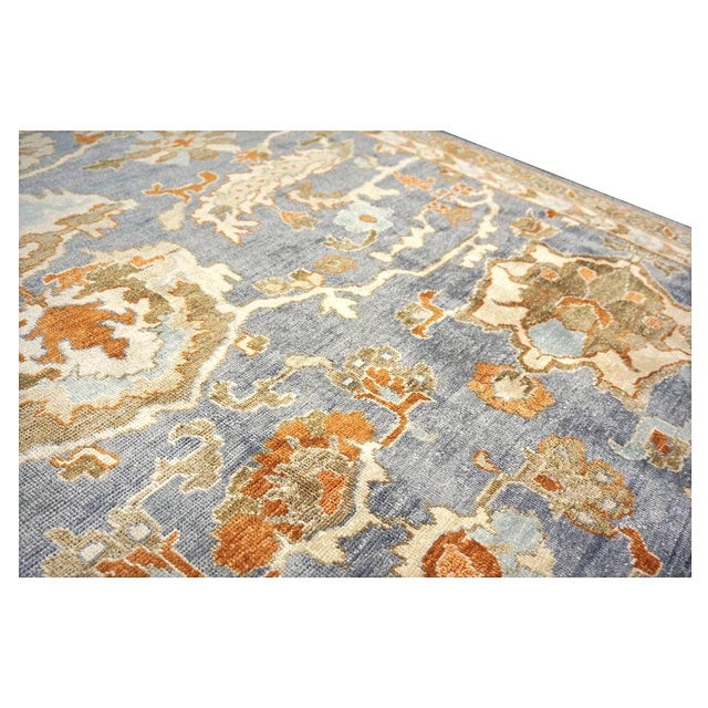Blue Indian Sultanabad Silk 6x6 Blue, Orange & Ivory Handmade Square Area Rugs #1143145 For Sale - Image 8 of 14