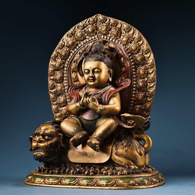 Traditional Late 20th Century Gilt Painted Bronze Manjushri Bodhisattva Sculpture Seated on Lion For Sale - Image 3 of 9