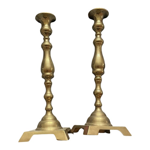 Pair Vintage Mid Century Brass 12" Tall Neoclassical Baluster Style Candlestick/Candle Holder For Sale