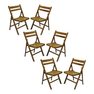 Mid 20th Century Vintage Mid Century Modern Solid Wood Slatted Folding Chairs - Set of 6 For Sale
