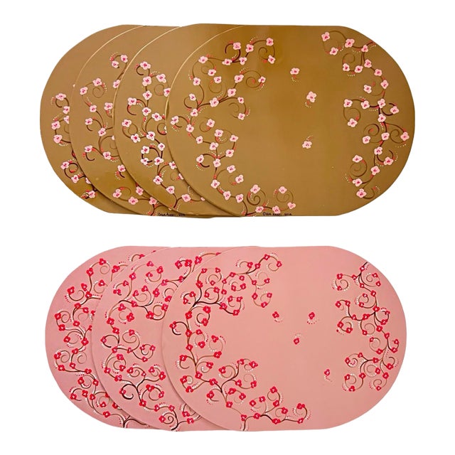 Vintage Whimsical Hand-Painted Cherry Blossom Placemats, Mixed Blush & Bronze, Set of 7 For Sale