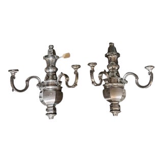 Pair of Oversized Hollywood Regency Polished Aluminum Two-Arm Urn Wall Sconces For Sale