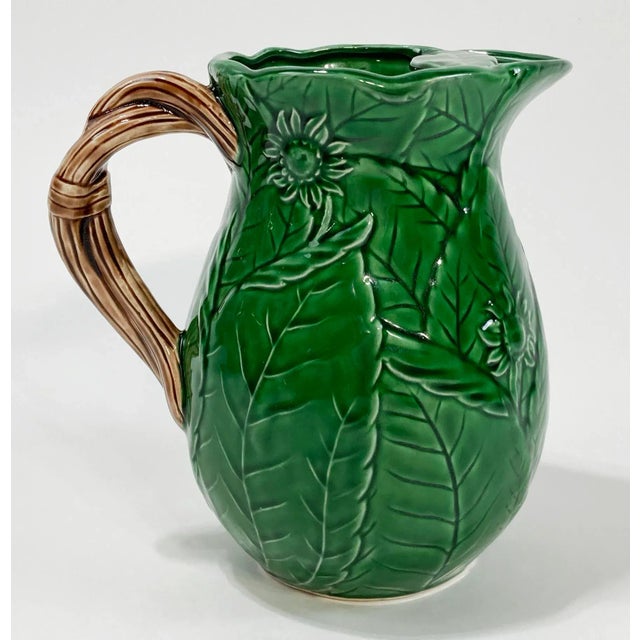 Vintage Majolica Style Green Leaf Motif Pitcher For Sale In Kansas City - Image 6 of 11