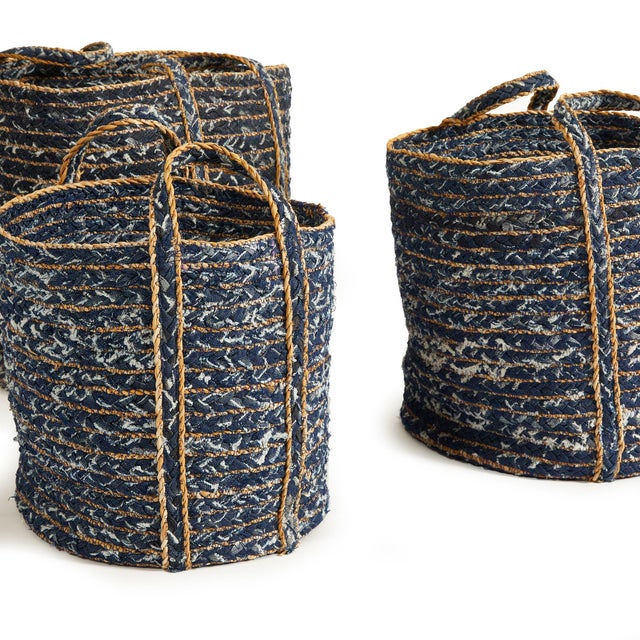 Kenneth Ludwig Chicago Denim Round Baskets, Set Of 3 For Sale - Image 4 of 11